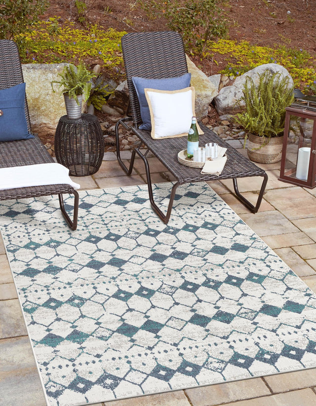Ivory and Blue 9' x 12' Outdoor Trellis Rectangle Area Rug Weather Resistant for Patio, Deck, Terrace, Balcony, Porch Geometric Design Water Safe Outside Carpet for Sale at Rug Engine