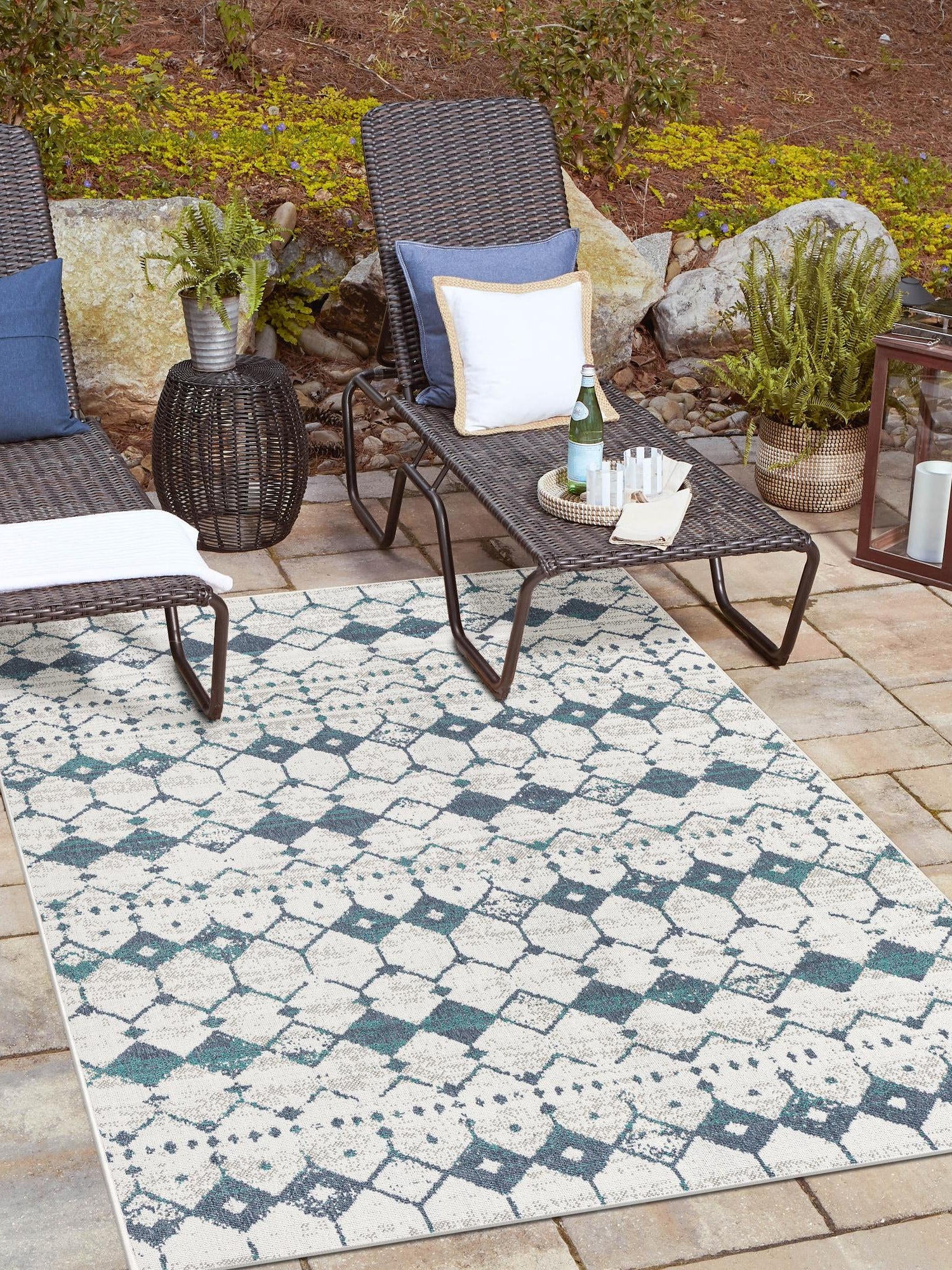 Ivory and Blue 7' 10 x 10' Outdoor Trellis Rectangle Area Rug Weather Resistant for Patio, Deck, Terrace, Balcony, Porch Geometric Design Water Safe Outside Carpet for Sale at Rug Engine
