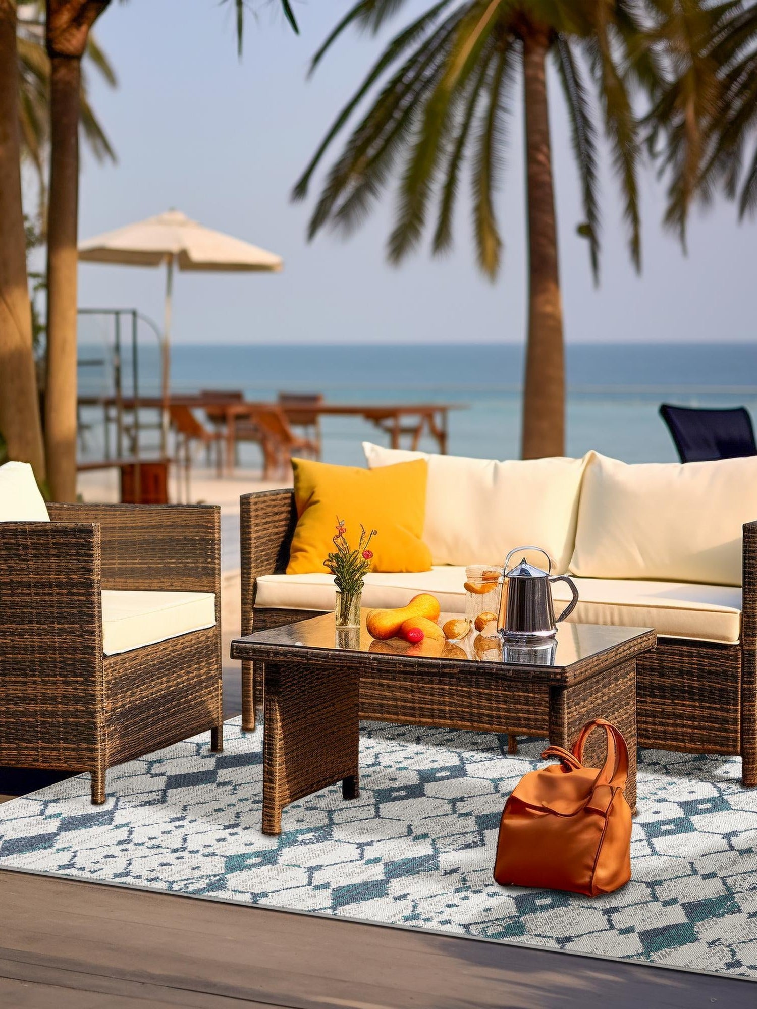Ivory and Blue 7' 10 x 10' Outdoor Trellis Rectangle Area Rug Weather Resistant for Patio, Deck, Terrace, Balcony, Porch Geometric Design Water Safe Outside Carpet for Sale at Rug Engine