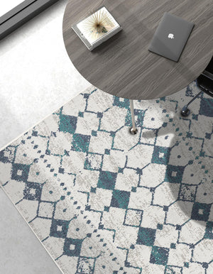 Ivory and Blue 4' x 6' Outdoor Trellis Rectangle Area Rug Weather Resistant for Patio, Deck, Terrace, Balcony, Porch Geometric Design Water Safe Outside Carpet for Sale at Rug Engine