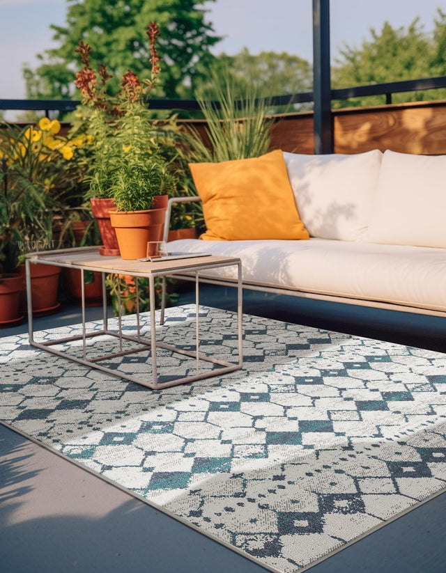 Ivory and Blue 9' x 12' Outdoor Trellis Rectangle Area Rug Weather Resistant for Patio, Deck, Terrace, Balcony, Porch Geometric Design Water Safe Outside Carpet for Sale at Rug Engine