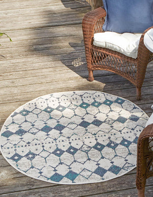 Ivory and Blue 7' x 7' Outdoor Trellis Round Area Rug Weather Resistant for Patio, Deck, Terrace, Balcony, Porch Geometric Design Water Safe Outside Carpet for Sale at Rug Engine