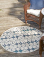 Ivory and Blue 4' x 4' Outdoor Trellis Round Area Rug Weather Resistant for Patio, Deck, Terrace, Balcony, Porch Geometric Design Water Safe Outside Carpet for Sale at Rug Engine