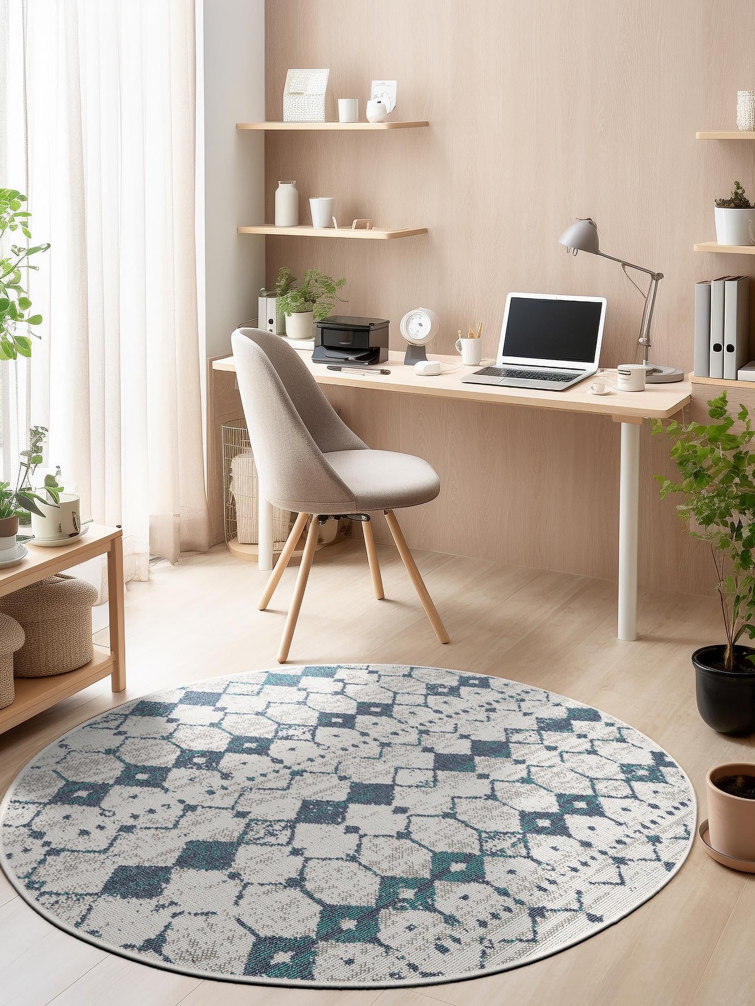 Ivory and Blue 7' x 7' Outdoor Trellis Round Area Rug Weather Resistant for Patio, Deck, Terrace, Balcony, Porch Geometric Design Water Safe Outside Carpet for Sale at Rug Engine