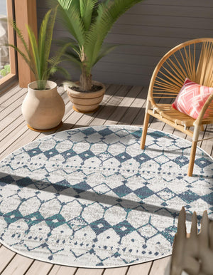 Ivory and Blue 4' x 4' Outdoor Trellis Round Area Rug Weather Resistant for Patio, Deck, Terrace, Balcony, Porch Geometric Design Water Safe Outside Carpet for Sale at Rug Engine