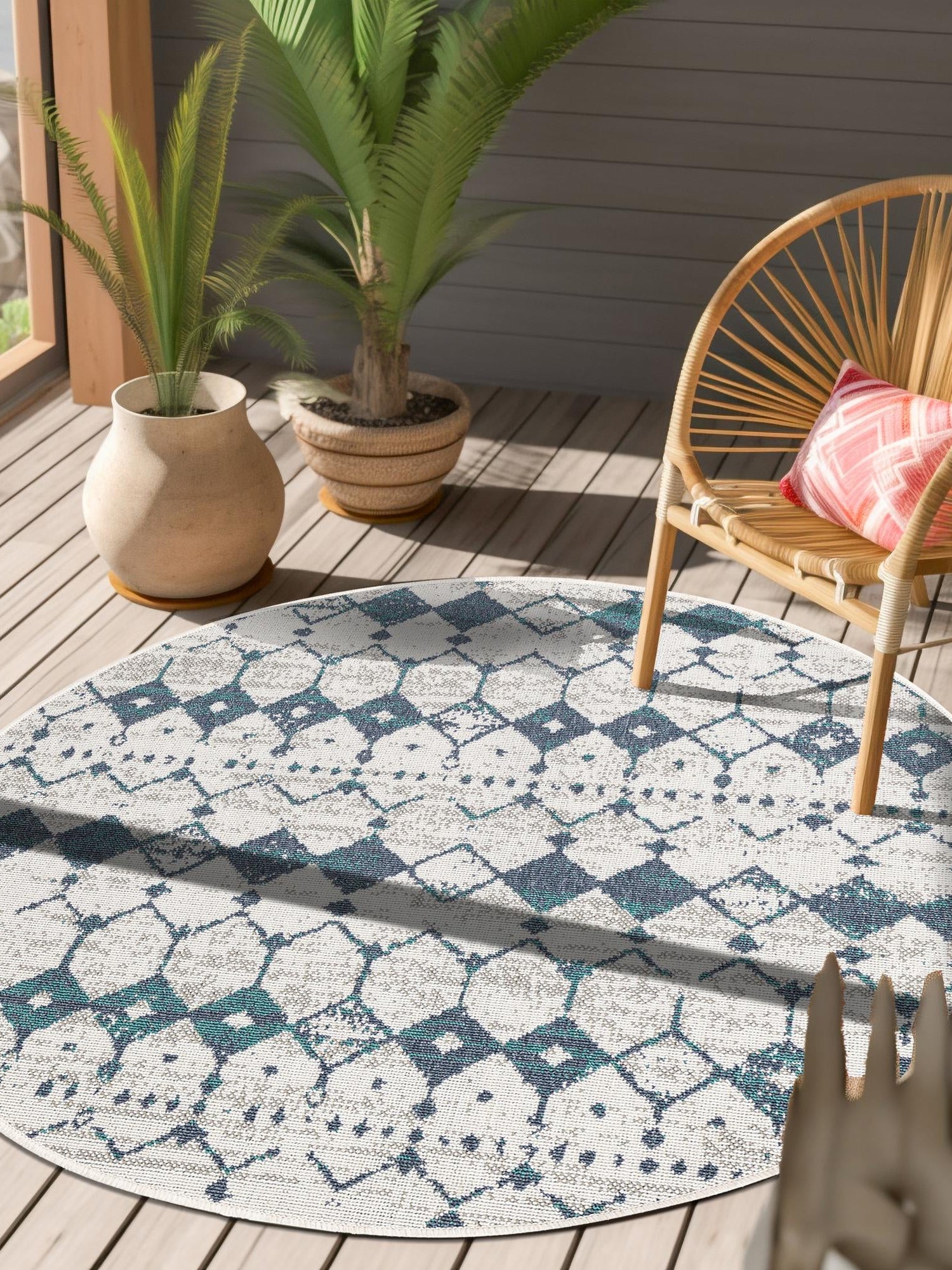 Ivory and Blue 7' x 7' Outdoor Trellis Round Area Rug Weather Resistant for Patio, Deck, Terrace, Balcony, Porch Geometric Design Water Safe Outside Carpet for Sale at Rug Engine