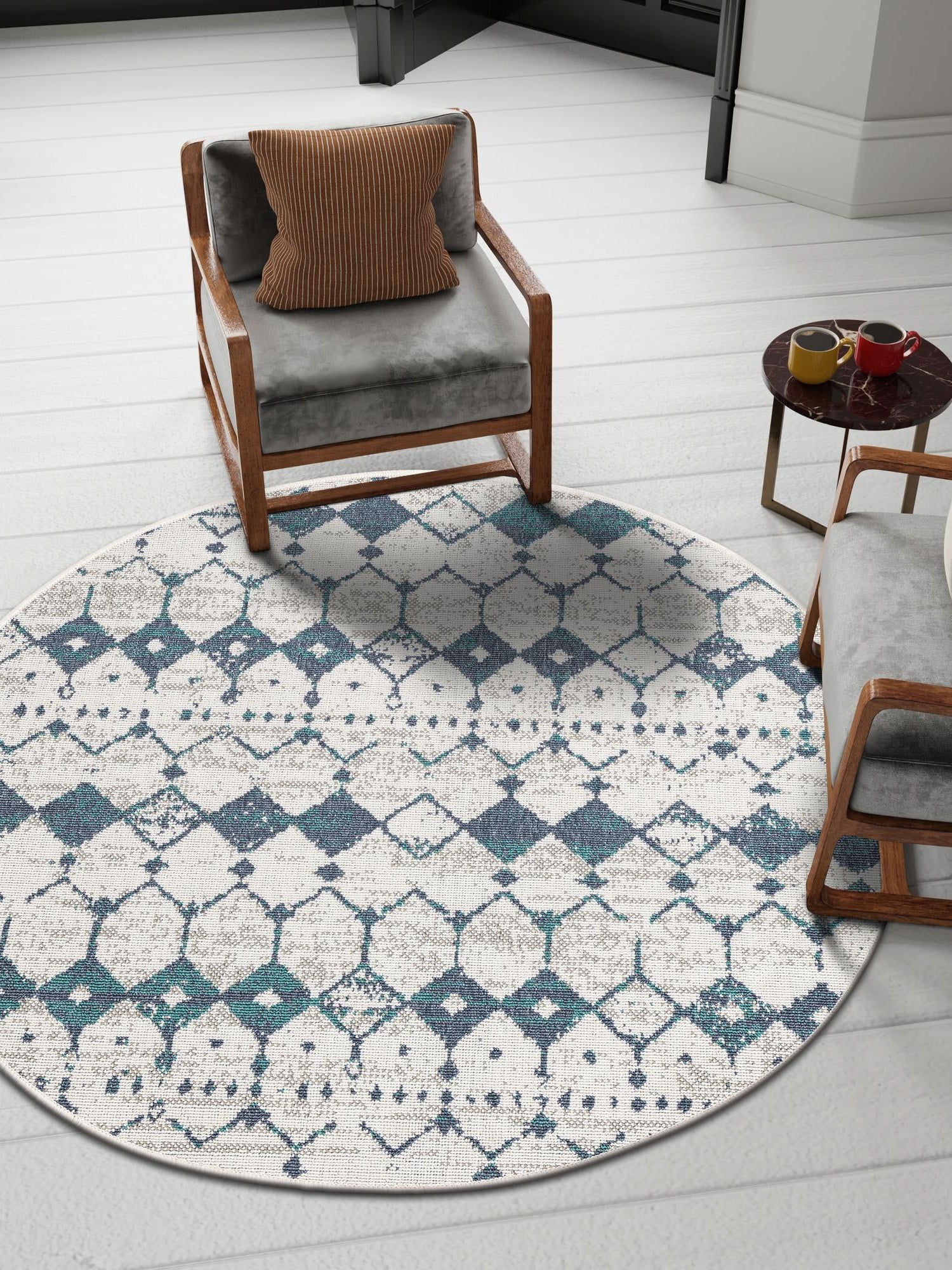 Ivory and Blue 7' x 7' Outdoor Trellis Round Area Rug Weather Resistant for Patio, Deck, Terrace, Balcony, Porch Geometric Design Water Safe Outside Carpet for Sale at Rug Engine