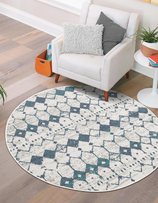 Ivory and Blue 4' x 4' Outdoor Trellis Round Area Rug Weather Resistant for Patio, Deck, Terrace, Balcony, Porch Geometric Design Water Safe Outside Carpet for Sale at Rug Engine