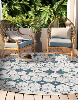Ivory and Blue 4' x 4' Outdoor Trellis Round Area Rug Weather Resistant for Patio, Deck, Terrace, Balcony, Porch Geometric Design Water Safe Outside Carpet for Sale at Rug Engine