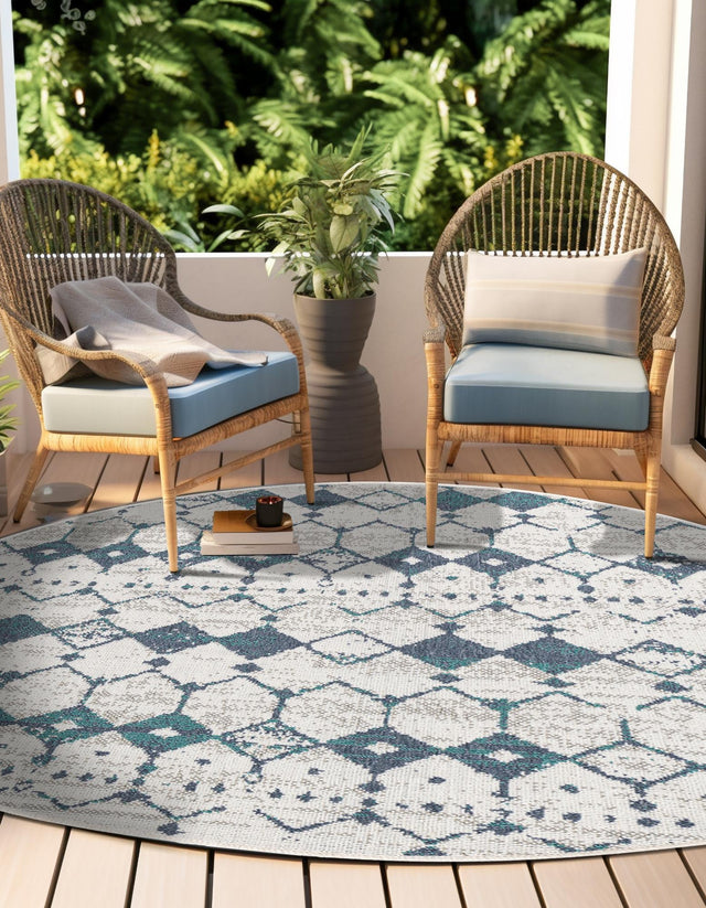 Ivory and Blue 4' x 4' Outdoor Trellis Round Area Rug Weather Resistant for Patio, Deck, Terrace, Balcony, Porch Geometric Design Water Safe Outside Carpet for Sale at Rug Engine