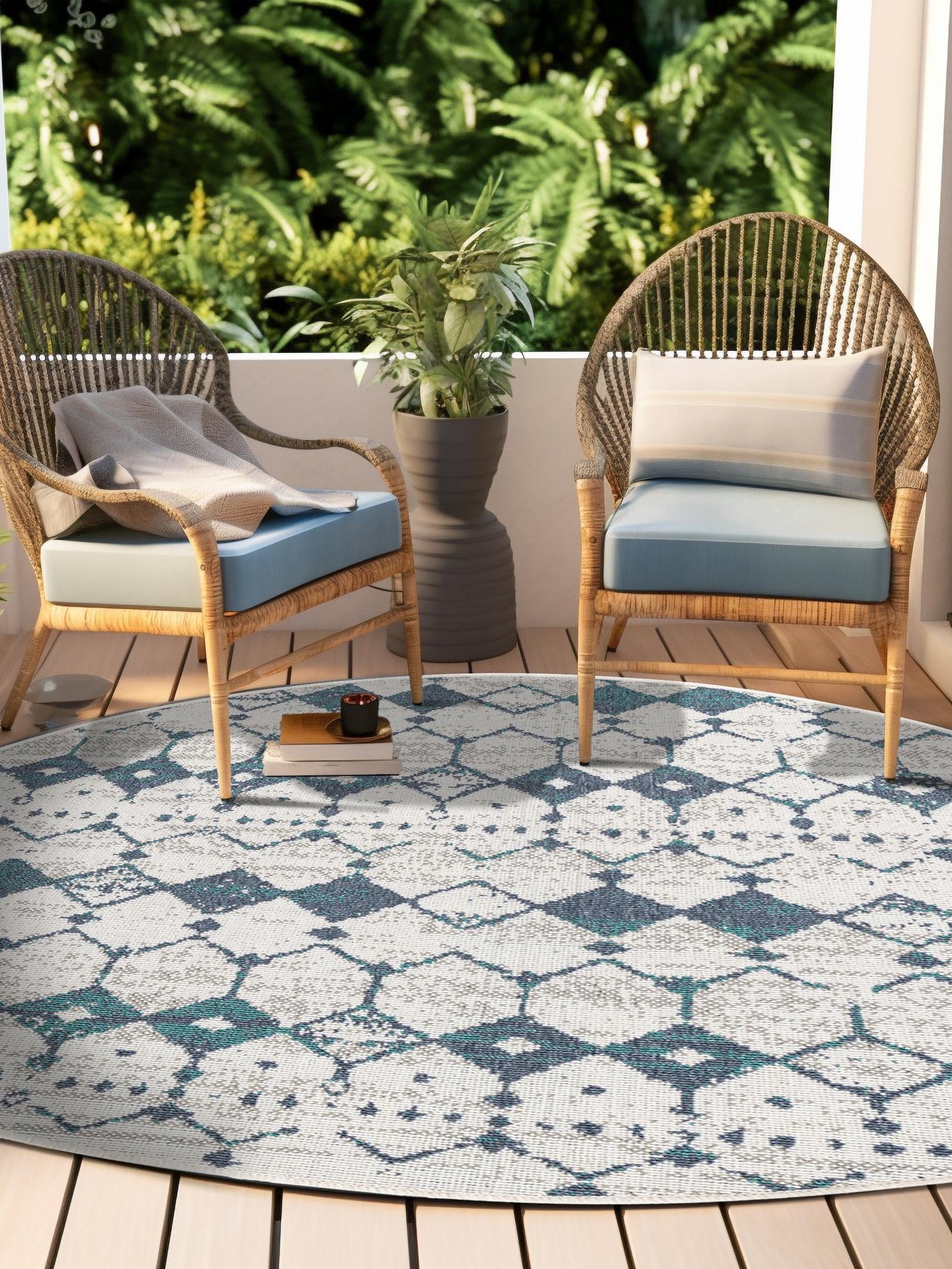 Ivory and Blue 7' x 7' Outdoor Trellis Round Area Rug Weather Resistant for Patio, Deck, Terrace, Balcony, Porch Geometric Design Water Safe Outside Carpet for Sale at Rug Engine