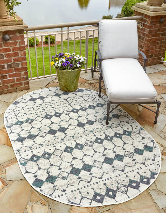 Ivory and Blue 5' 3 x 8' Outdoor Trellis Oval Area Rug Weather Resistant for Patio, Deck, Terrace, Balcony, Porch Geometric Design Water Safe Outside Carpet for Sale at Rug Engine