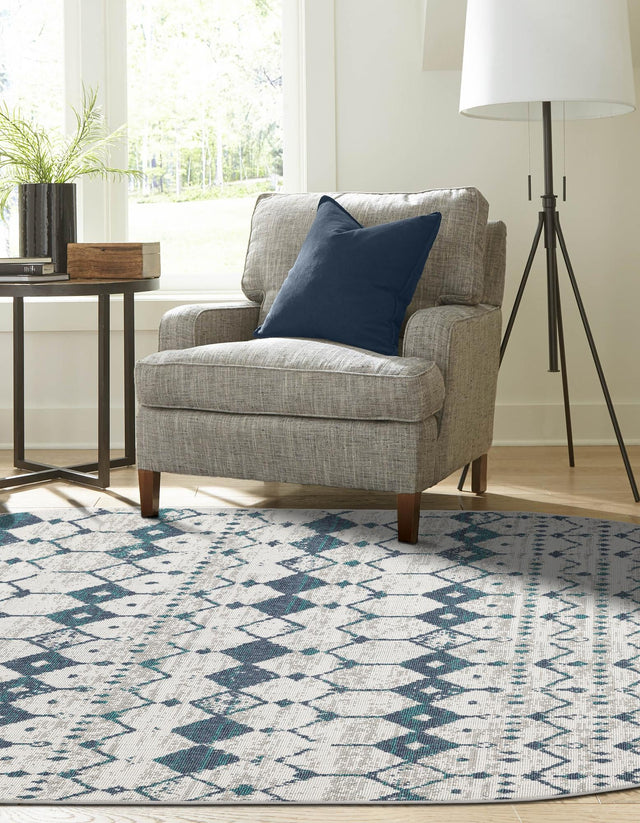 Ivory and Blue 5' 3 x 8' Outdoor Trellis Oval Area Rug Weather Resistant for Patio, Deck, Terrace, Balcony, Porch Geometric Design Water Safe Outside Carpet for Sale at Rug Engine