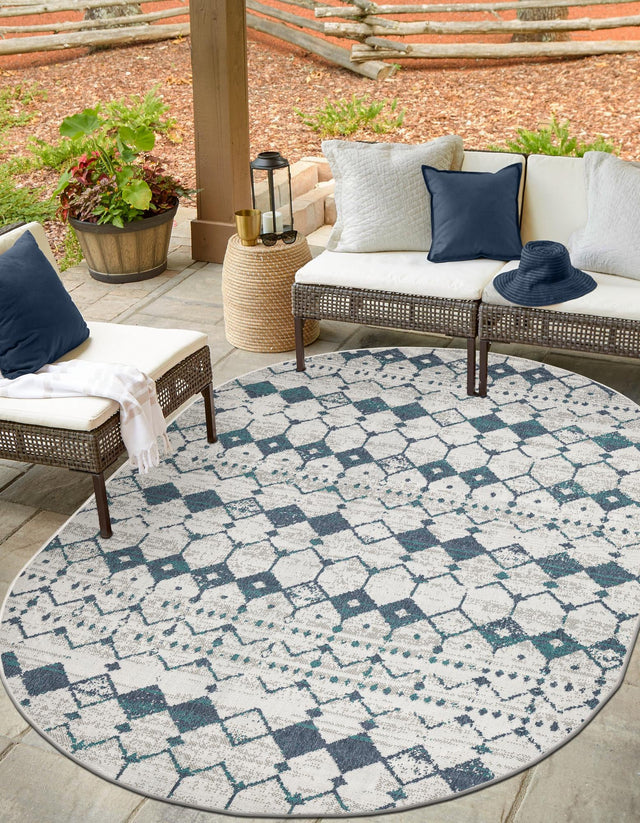 Ivory and Blue 5' 3 x 8' Outdoor Trellis Oval Area Rug Weather Resistant for Patio, Deck, Terrace, Balcony, Porch Geometric Design Water Safe Outside Carpet for Sale at Rug Engine
