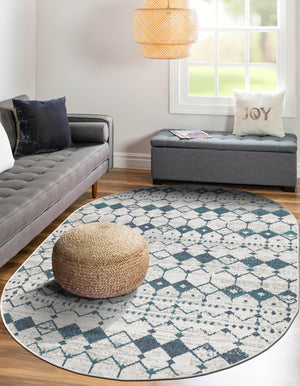 Ivory and Blue 5' 3 x 8' Outdoor Trellis Oval Area Rug Weather Resistant for Patio, Deck, Terrace, Balcony, Porch Geometric Design Water Safe Outside Carpet for Sale at Rug Engine