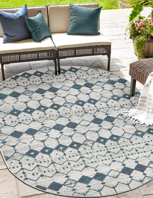 Ivory and Blue 5' 3 x 8' Outdoor Trellis Oval Area Rug Weather Resistant for Patio, Deck, Terrace, Balcony, Porch Geometric Design Water Safe Outside Carpet for Sale at Rug Engine