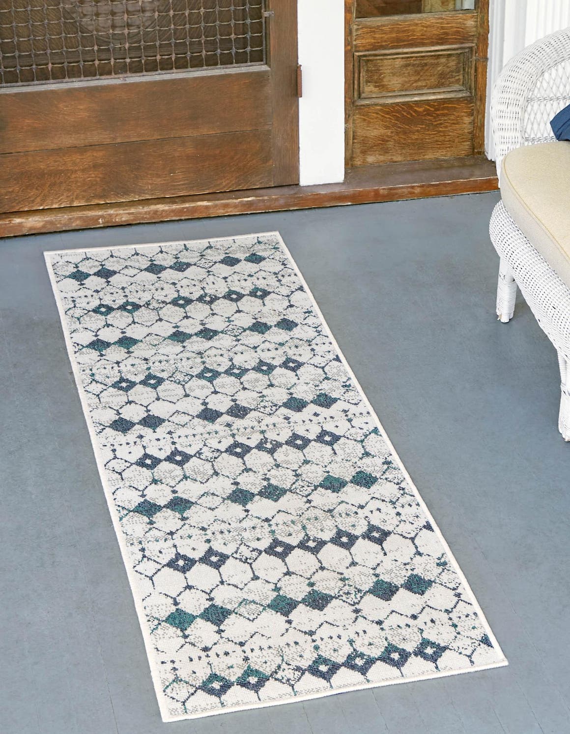Ivory and Blue 2' x 6' Outdoor Trellis Runner Area Rug Weather Resistant for Patio, Deck, Terrace, Balcony, Porch Geometric Design Water Safe Outside Carpet for Sale at Rug Engine