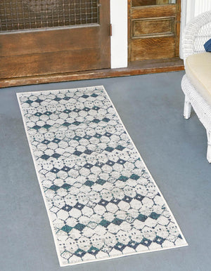 Ivory and Blue 2' x 6' Outdoor Trellis Runner Area Rug Weather Resistant for Patio, Deck, Terrace, Balcony, Porch Geometric Design Water Safe Outside Carpet for Sale at Rug Engine