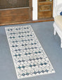 Ivory and Blue 2' x 6' Outdoor Trellis Runner Area Rug Weather Resistant for Patio, Deck, Terrace, Balcony, Porch Geometric Design Water Safe Outside Carpet for Sale at Rug Engine