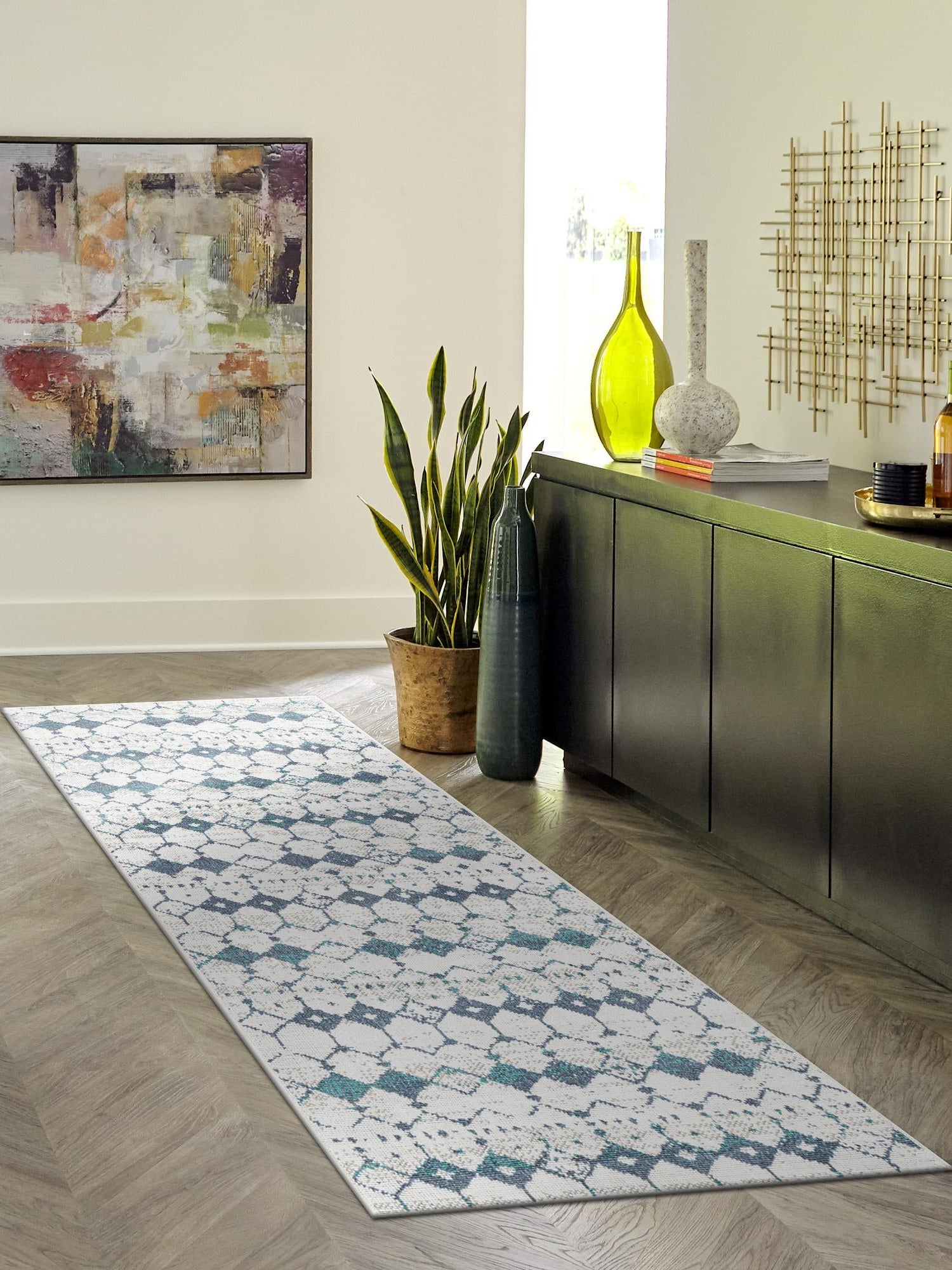 Ivory and Blue 2' x 6' Outdoor Trellis Runner Area Rug Weather Resistant for Patio, Deck, Terrace, Balcony, Porch Geometric Design Water Safe Outside Carpet for Sale at Rug Engine