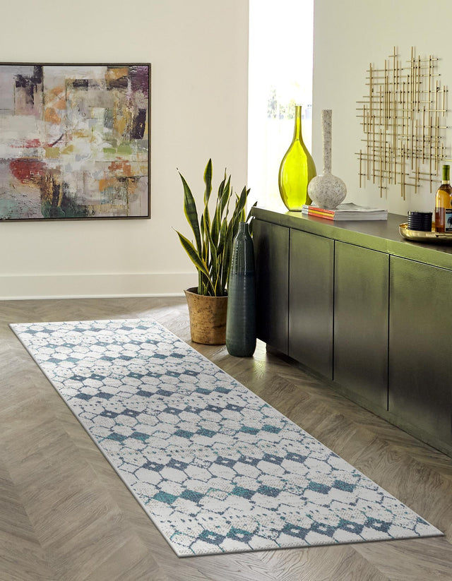 Ivory and Blue 2' x 6' Outdoor Trellis Runner Area Rug Weather Resistant for Patio, Deck, Terrace, Balcony, Porch Geometric Design Water Safe Outside Carpet for Sale at Rug Engine