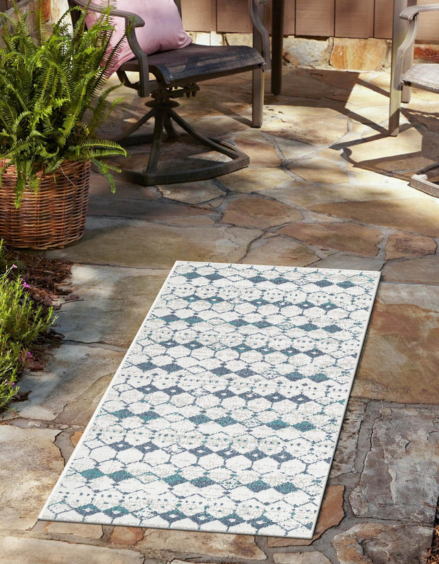 Ivory and Blue 2' x 6' Outdoor Trellis Runner Area Rug Weather Resistant for Patio, Deck, Terrace, Balcony, Porch Geometric Design Water Safe Outside Carpet for Sale at Rug Engine