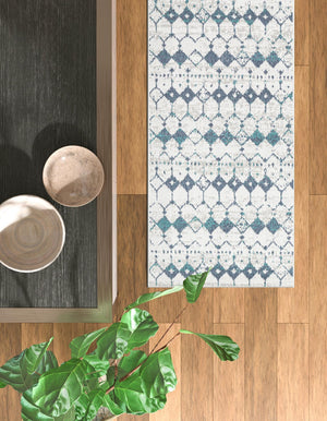 Ivory and Blue 2' x 6' Outdoor Trellis Runner Area Rug Weather Resistant for Patio, Deck, Terrace, Balcony, Porch Geometric Design Water Safe Outside Carpet for Sale at Rug Engine