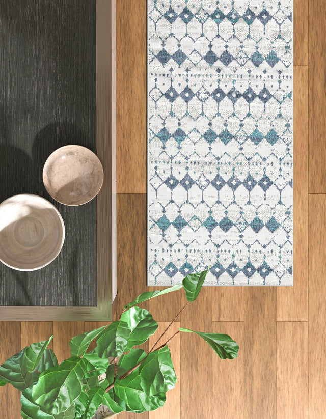 Ivory and Blue 2' x 6' Outdoor Trellis Runner Area Rug Weather Resistant for Patio, Deck, Terrace, Balcony, Porch Geometric Design Water Safe Outside Carpet for Sale at Rug Engine