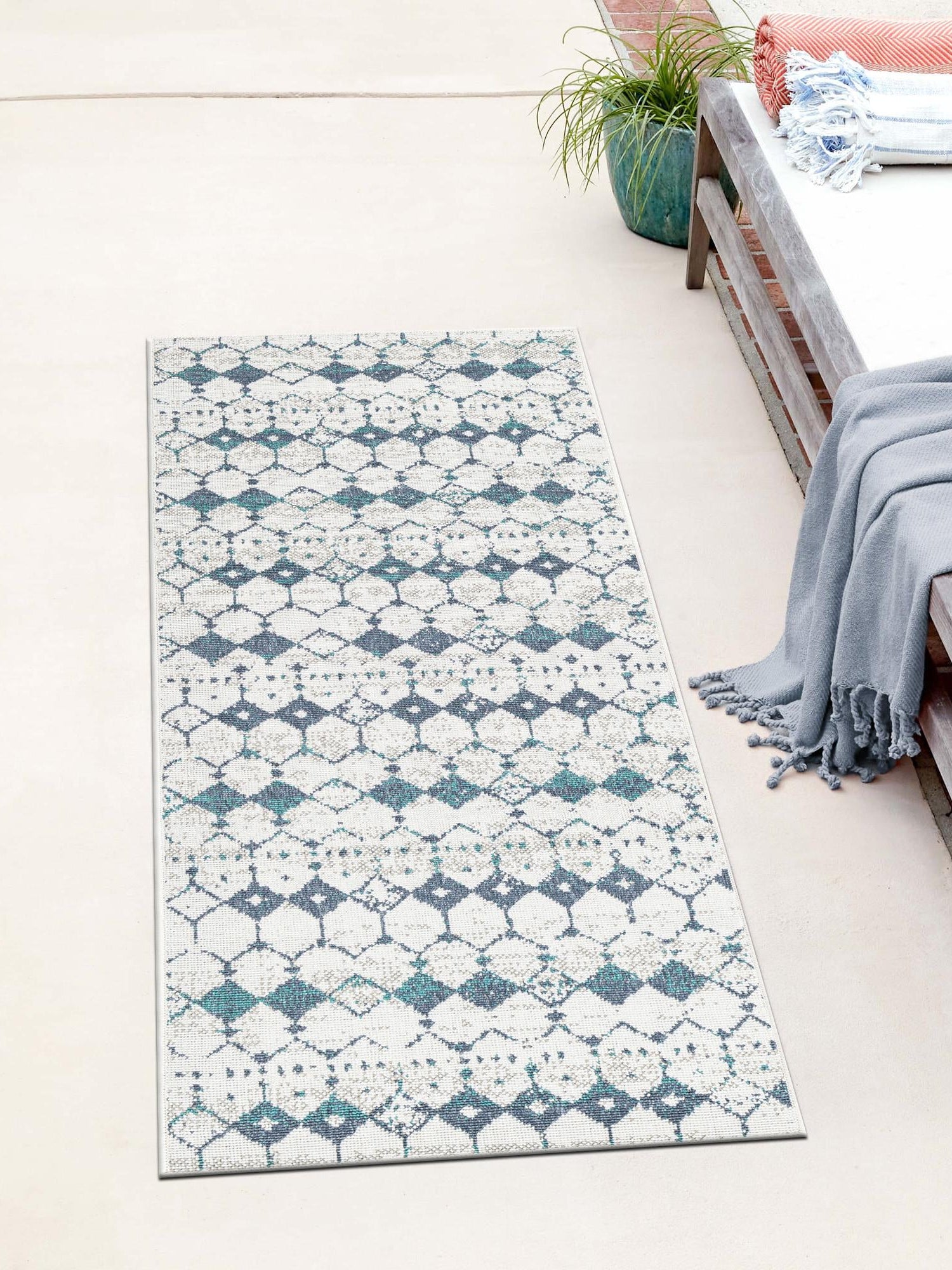 Ivory and Blue 2' x 6' Outdoor Trellis Runner Area Rug Weather Resistant for Patio, Deck, Terrace, Balcony, Porch Geometric Design Water Safe Outside Carpet for Sale at Rug Engine