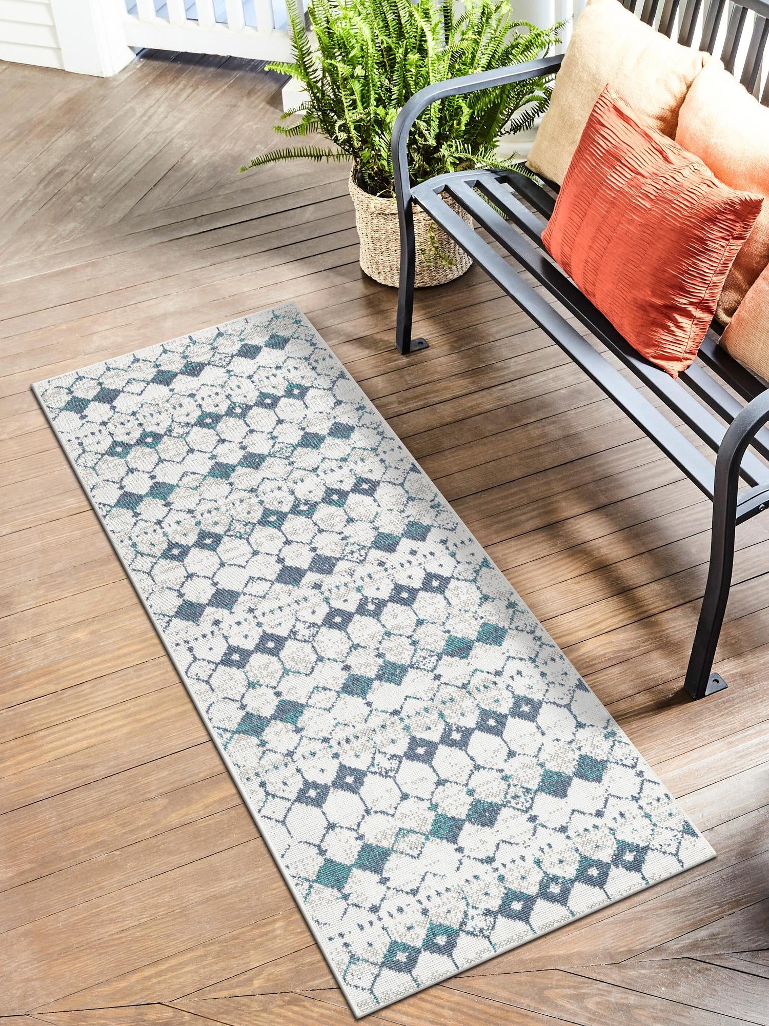 Ivory and Blue 2' x 6' Outdoor Trellis Runner Area Rug Weather Resistant for Patio, Deck, Terrace, Balcony, Porch Geometric Design Water Safe Outside Carpet for Sale at Rug Engine