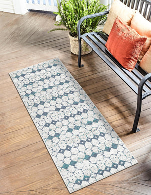 Ivory and Blue 2' x 6' Outdoor Trellis Runner Area Rug Weather Resistant for Patio, Deck, Terrace, Balcony, Porch Geometric Design Water Safe Outside Carpet for Sale at Rug Engine
