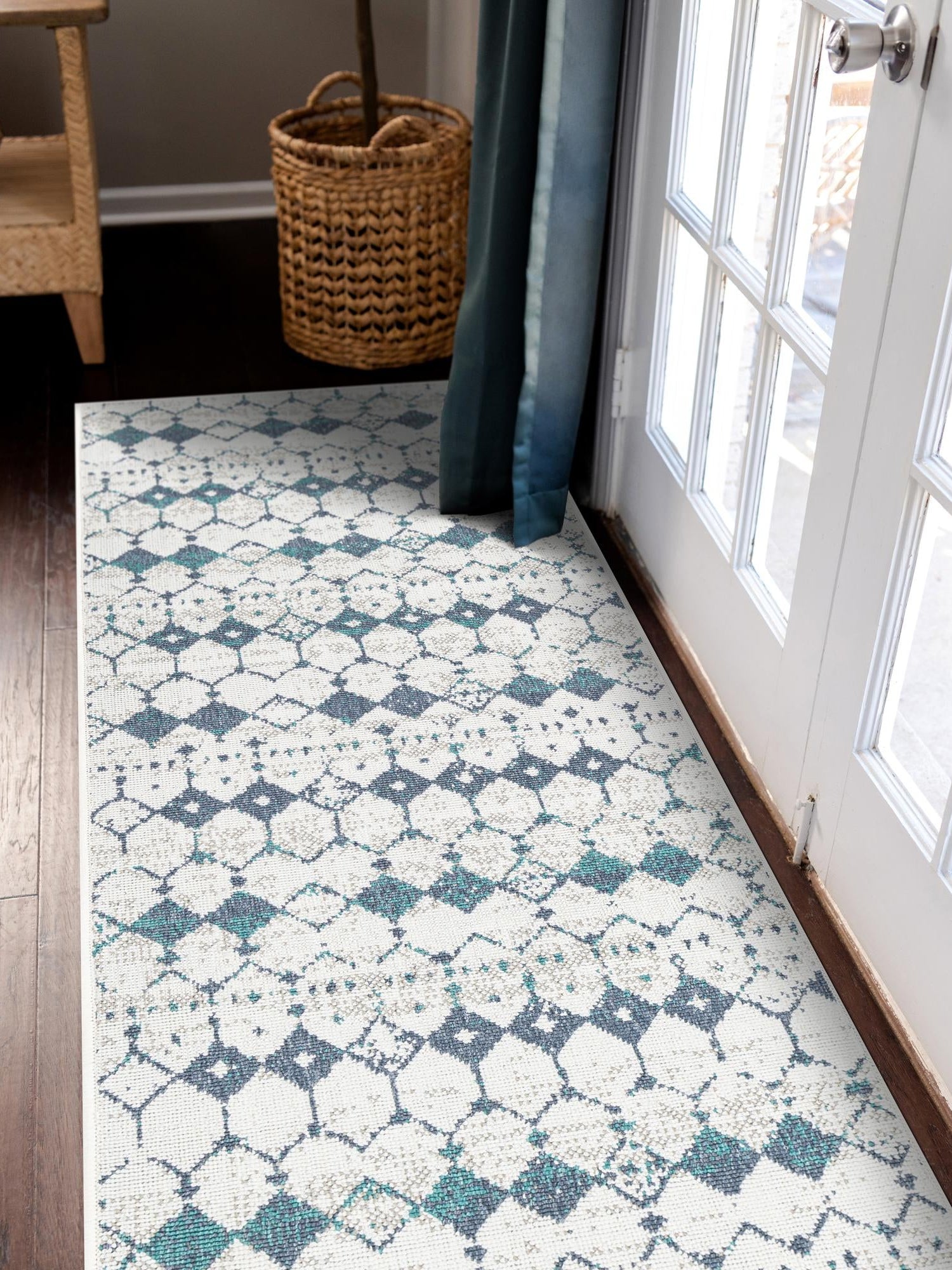 Ivory and Blue 2' x 6' Outdoor Trellis Runner Area Rug Weather Resistant for Patio, Deck, Terrace, Balcony, Porch Geometric Design Water Safe Outside Carpet for Sale at Rug Engine