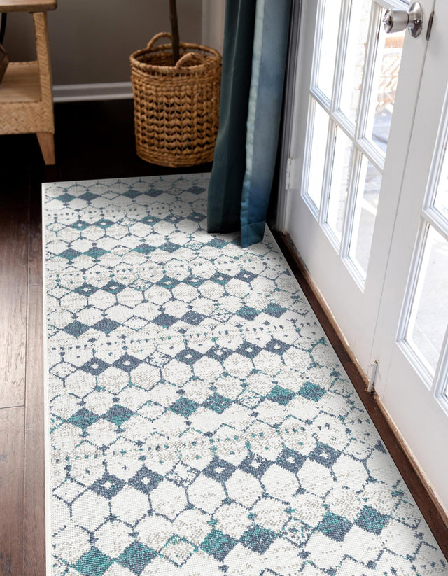 Ivory and Blue 2' x 6' Outdoor Trellis Runner Area Rug Weather Resistant for Patio, Deck, Terrace, Balcony, Porch Geometric Design Water Safe Outside Carpet for Sale at Rug Engine