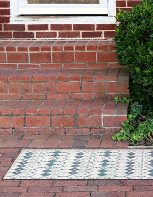 Ivory and Blue 2' x 6' Outdoor Trellis Runner Area Rug Weather Resistant for Patio, Deck, Terrace, Balcony, Porch Geometric Design Water Safe Outside Carpet for Sale at Rug Engine