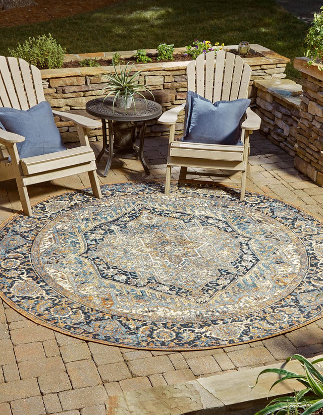 Blue 7' 10 x 7' 10 Outdoor Traditional Round Area Rug Weather Resistant for Patio, Deck, Terrace, Balcony, Porch Classical Design Outside Carpet for Sale at Rug Engine