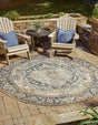 Blue 7' 10 x 7' 10 Outdoor Traditional Round Area Rug Weather Resistant for Patio, Deck, Terrace, Balcony, Porch Classical Design Outside Carpet for Sale at Rug Engine