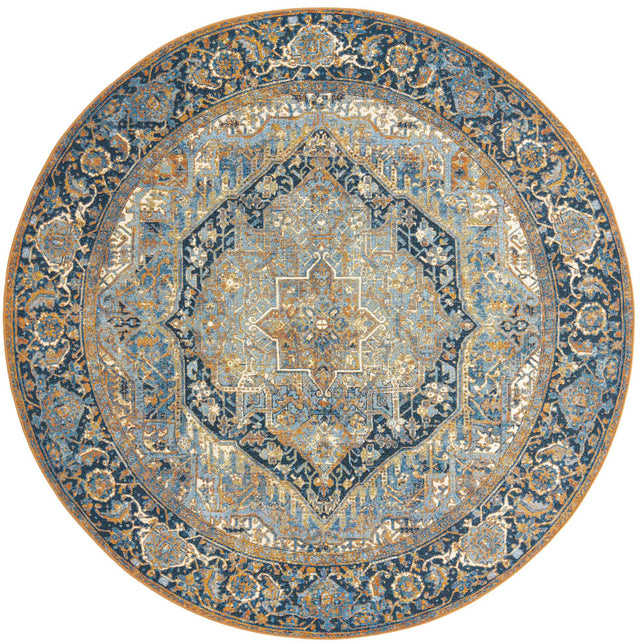 Blue 7' 10 x 7' 10 Outdoor Traditional Round Area Rug Weather Resistant for Patio, Deck, Terrace, Balcony, Porch Classical Design Outside Carpet for Sale at Rug Engine