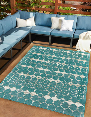 Teal 1' 3 x 1' 3 Outdoor Trellis Sample Area Rug Weather Resistant for Patio, Deck, Terrace, Balcony, Porch Geometric Design Water Safe Outside Carpet for Sale at Rug Engine