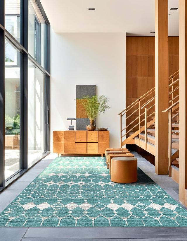 Teal 4' x 6' Outdoor Trellis Rectangle Area Rug Weather Resistant for Patio, Deck, Terrace, Balcony, Porch Geometric Design Water Safe Outside Carpet for Sale at Rug Engine