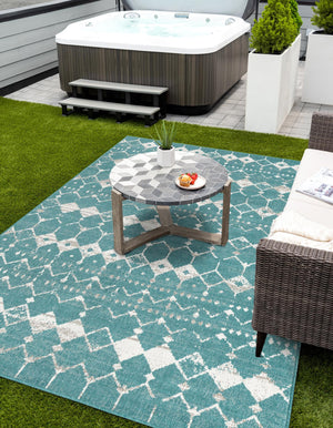 Teal 5' 3 x 8' Outdoor Trellis Rectangle Area Rug Weather Resistant for Patio, Deck, Terrace, Balcony, Porch Geometric Design Water Safe Outside Carpet for Sale at Rug Engine