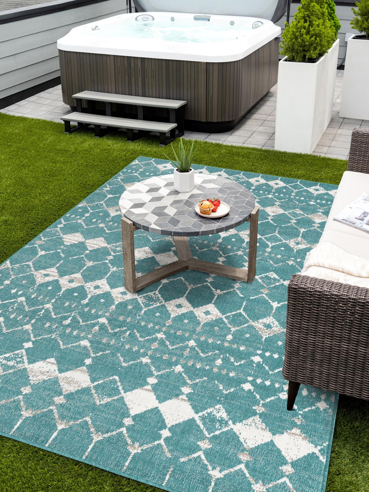 Teal 6' x 9' Outdoor Trellis Rectangle Area Rug Weather Resistant for Patio, Deck, Terrace, Balcony, Porch Geometric Design Water Safe Outside Carpet for Sale at Rug Engine