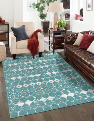 Teal 6' x 9' Outdoor Trellis Rectangle Area Rug Weather Resistant for Patio, Deck, Terrace, Balcony, Porch Geometric Design Water Safe Outside Carpet for Sale at Rug Engine