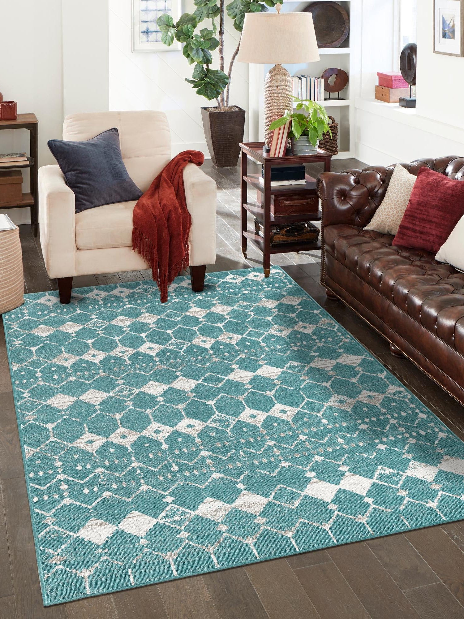 Teal 4' x 6' Outdoor Trellis Rectangle Area Rug Weather Resistant for Patio, Deck, Terrace, Balcony, Porch Geometric Design Water Safe Outside Carpet for Sale at Rug Engine