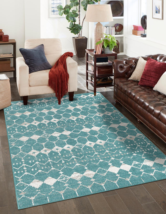 Teal 4' x 6' Outdoor Trellis Rectangle Area Rug Weather Resistant for Patio, Deck, Terrace, Balcony, Porch Geometric Design Water Safe Outside Carpet for Sale at Rug Engine