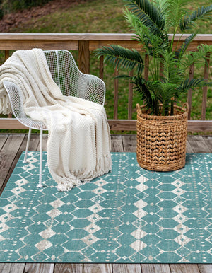 Teal 6' x 9' Outdoor Trellis Rectangle Area Rug Weather Resistant for Patio, Deck, Terrace, Balcony, Porch Geometric Design Water Safe Outside Carpet for Sale at Rug Engine