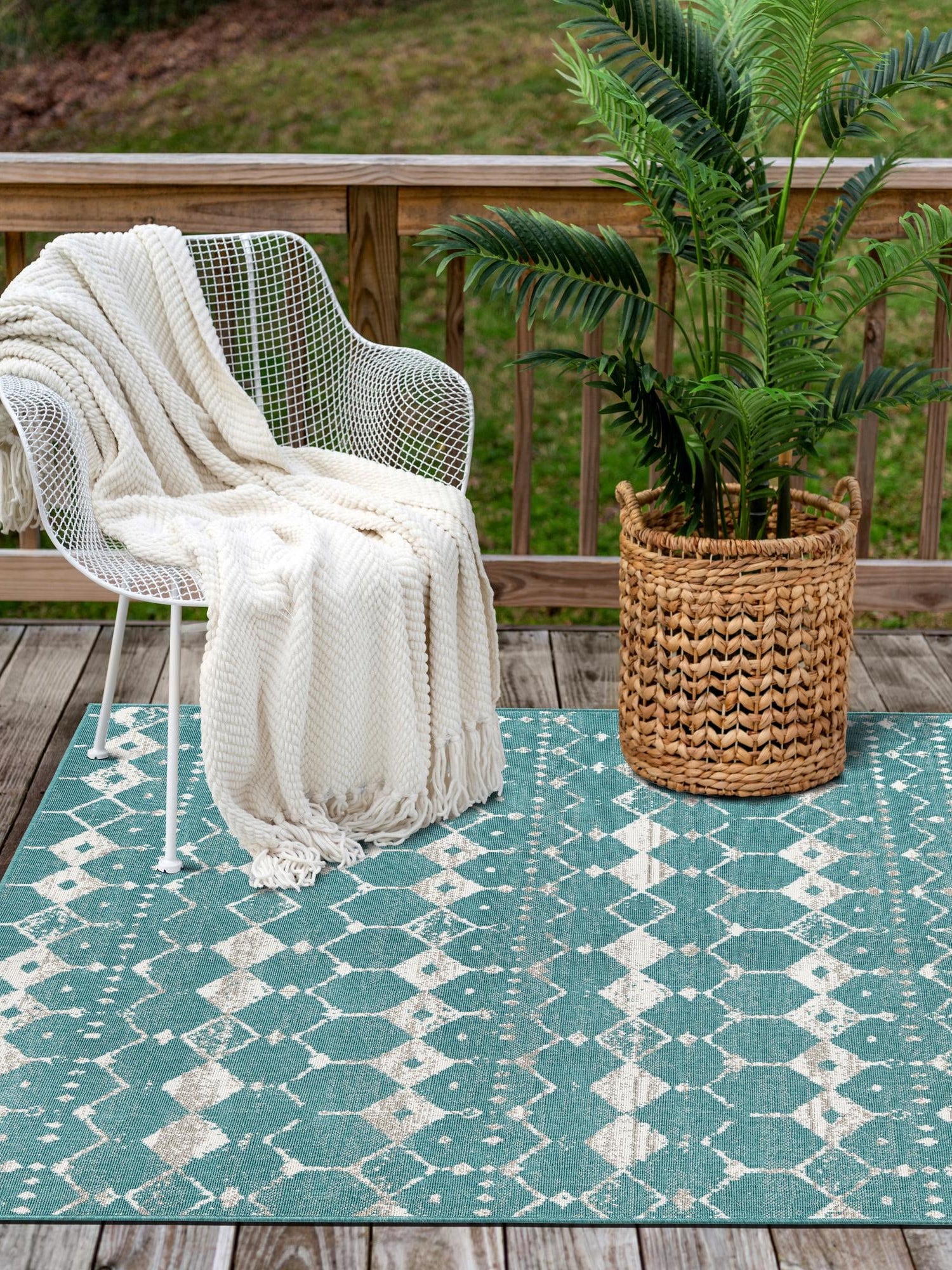 Teal 4' x 6' Outdoor Trellis Rectangle Area Rug Weather Resistant for Patio, Deck, Terrace, Balcony, Porch Geometric Design Water Safe Outside Carpet for Sale at Rug Engine