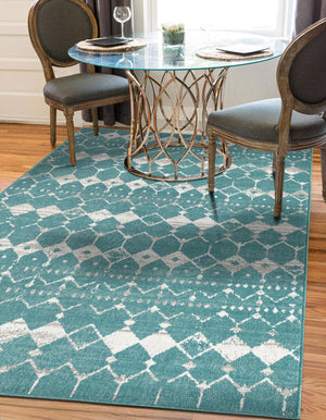 Teal 5' 3 x 8' Outdoor Trellis Rectangle Area Rug Weather Resistant for Patio, Deck, Terrace, Balcony, Porch Geometric Design Water Safe Outside Carpet for Sale at Rug Engine