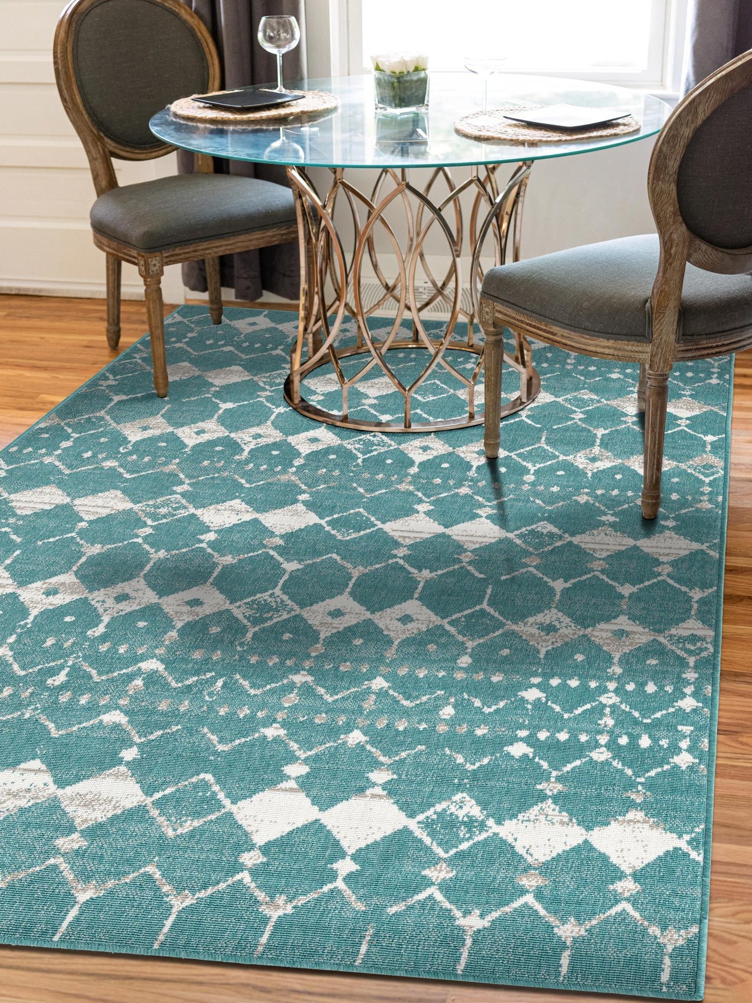 Teal 6' x 9' Outdoor Trellis Rectangle Area Rug Weather Resistant for Patio, Deck, Terrace, Balcony, Porch Geometric Design Water Safe Outside Carpet for Sale at Rug Engine