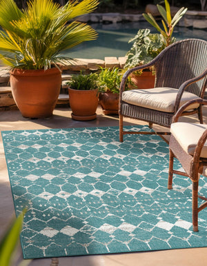 Teal 6' x 9' Outdoor Trellis Rectangle Area Rug Weather Resistant for Patio, Deck, Terrace, Balcony, Porch Geometric Design Water Safe Outside Carpet for Sale at Rug Engine