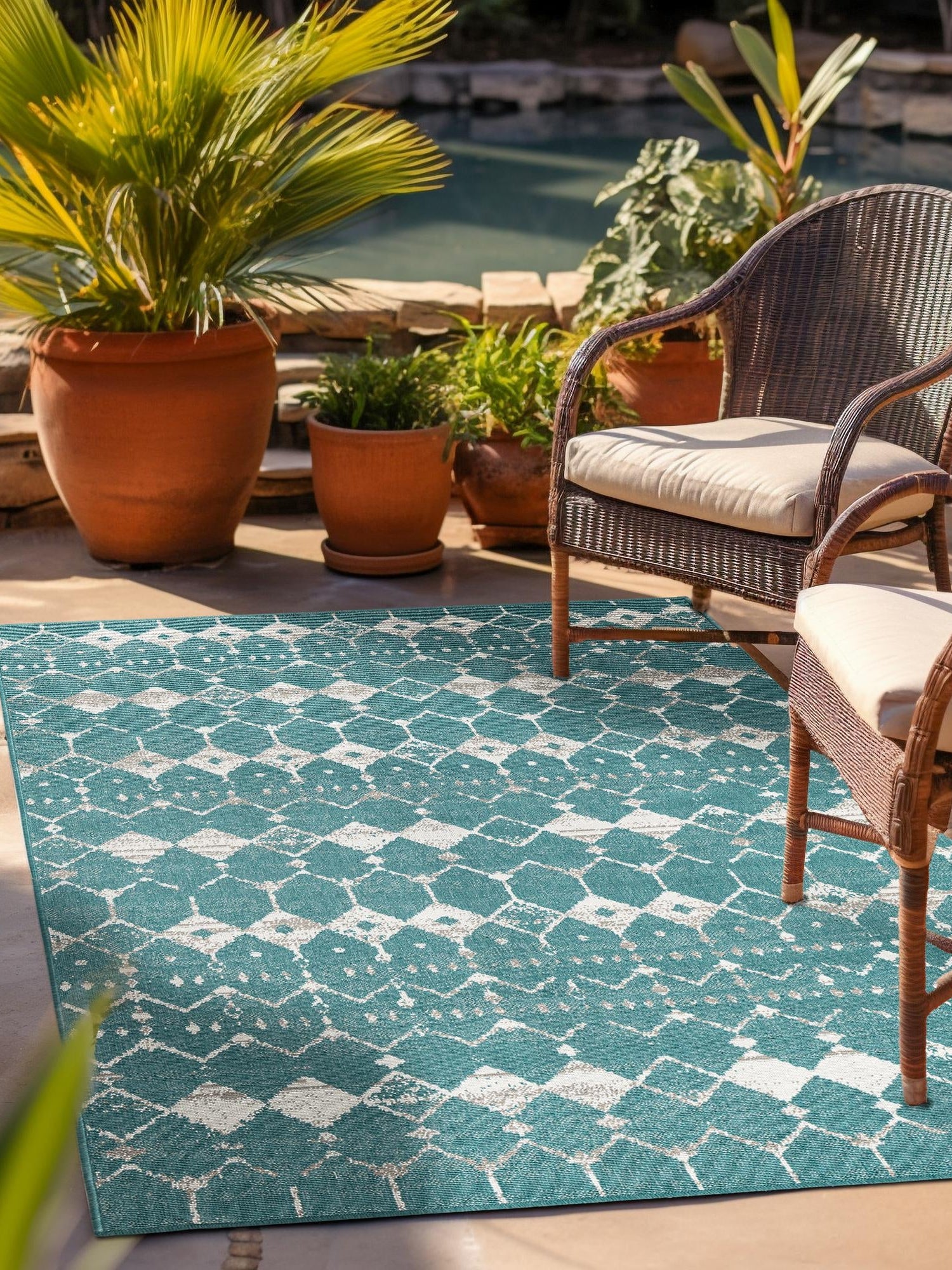 Teal 4' x 6' Outdoor Trellis Rectangle Area Rug Weather Resistant for Patio, Deck, Terrace, Balcony, Porch Geometric Design Water Safe Outside Carpet for Sale at Rug Engine